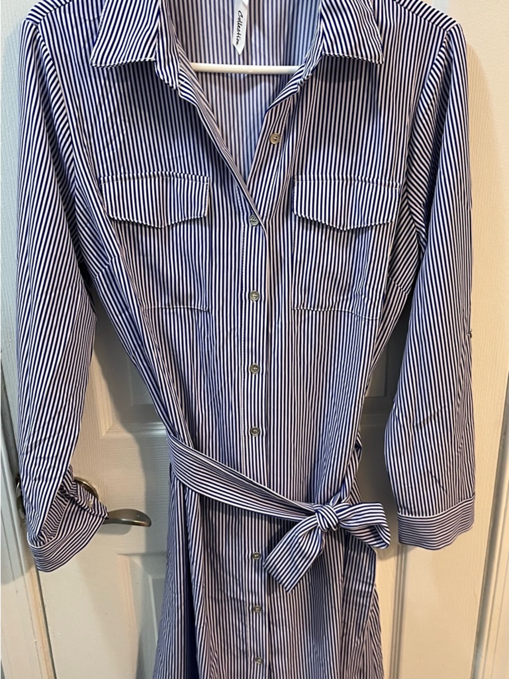 NY Collection Blue & White Striped Button-Up Shirt Dress Roll Tab Sleeve Size L